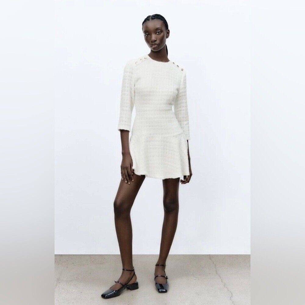 Zara White Tweed Peplum Side Gold Buttons Structured
Mini Dress Sz S fit & flare